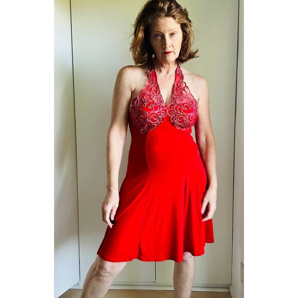 Vintage 90s Red Fit & Flare Dress Size M L Sexy Halter Clubwear Party Dress USA - Picture 4 of 9